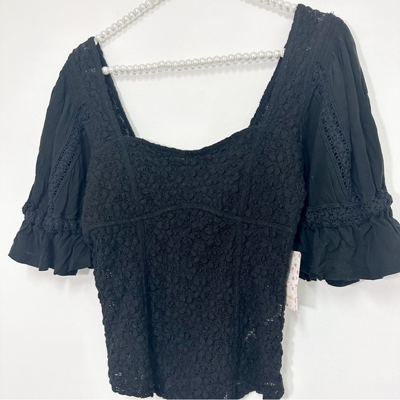 Free People Spring Fling Lace Short Sleeve Top in Black - Picture 4 of 6